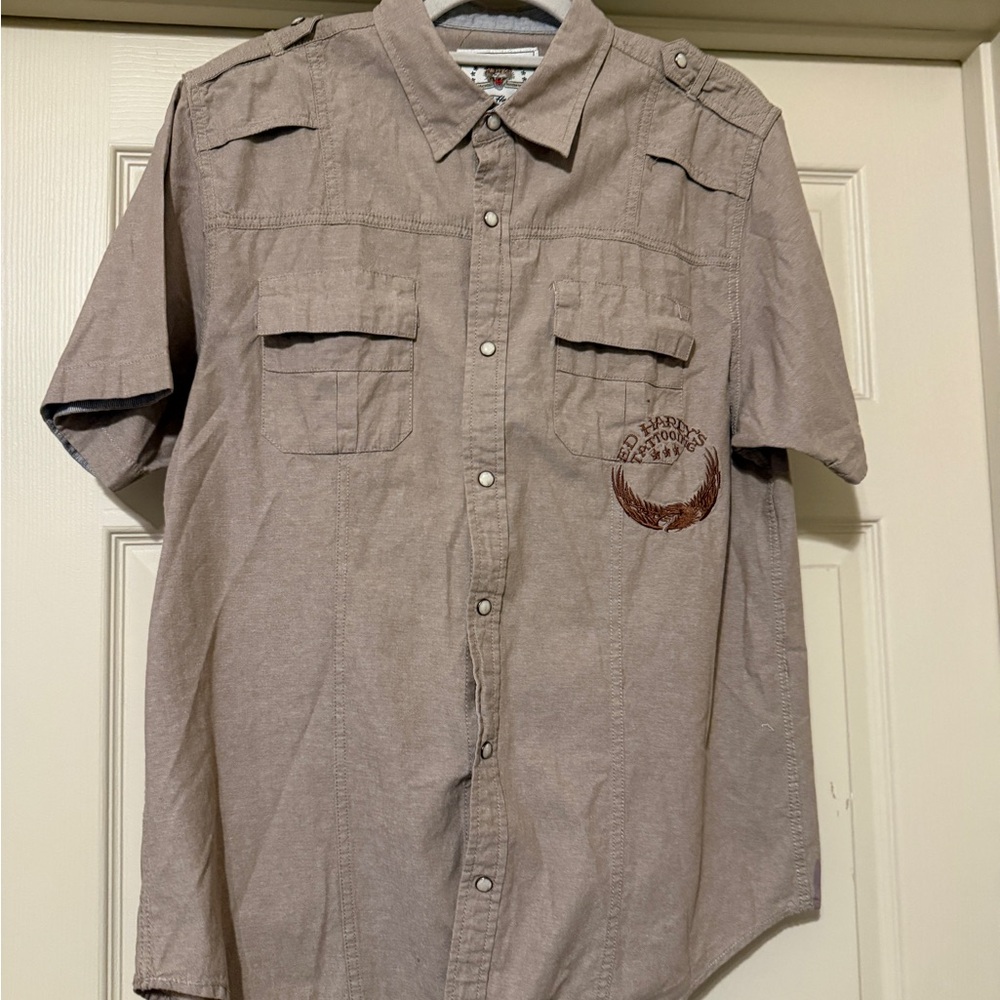 Ed Hardy Panther Squadron Embroidered Cotton Pearl Snap Size L